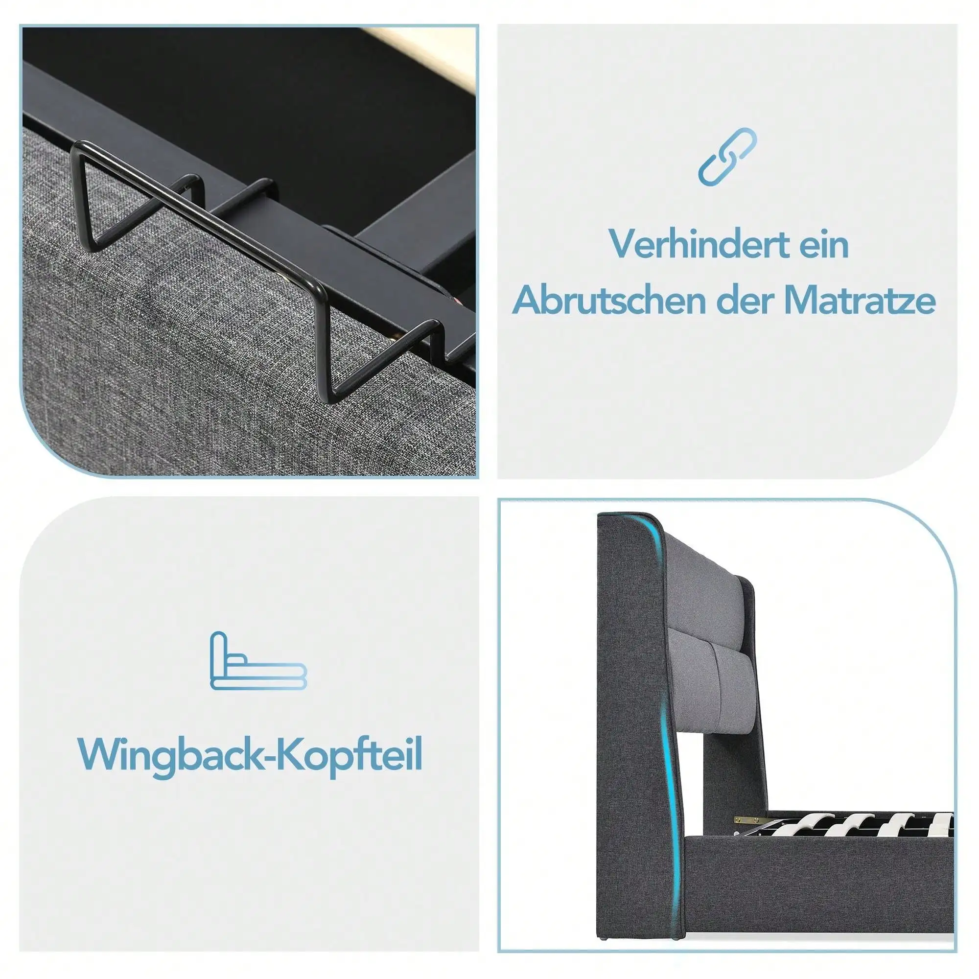 KOMHTOM Gepolstertes Doppelbett, 160 x 200 cm, hydraulisches Bett mit Metalllattenrost, Stauraumbetten, Matratze nicht im Lieferumfang enthalten – Detail 2
