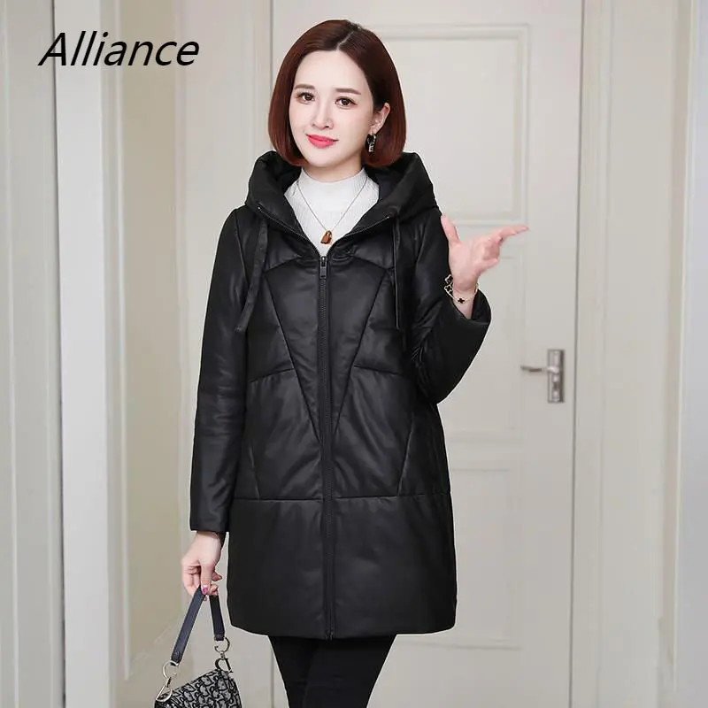 

2023 Winter New PU Leather Jacket Hooded Mid-length Loose Keep Warm Cotton Coat Korean Style Elegant Atmosphere Parkas Women's