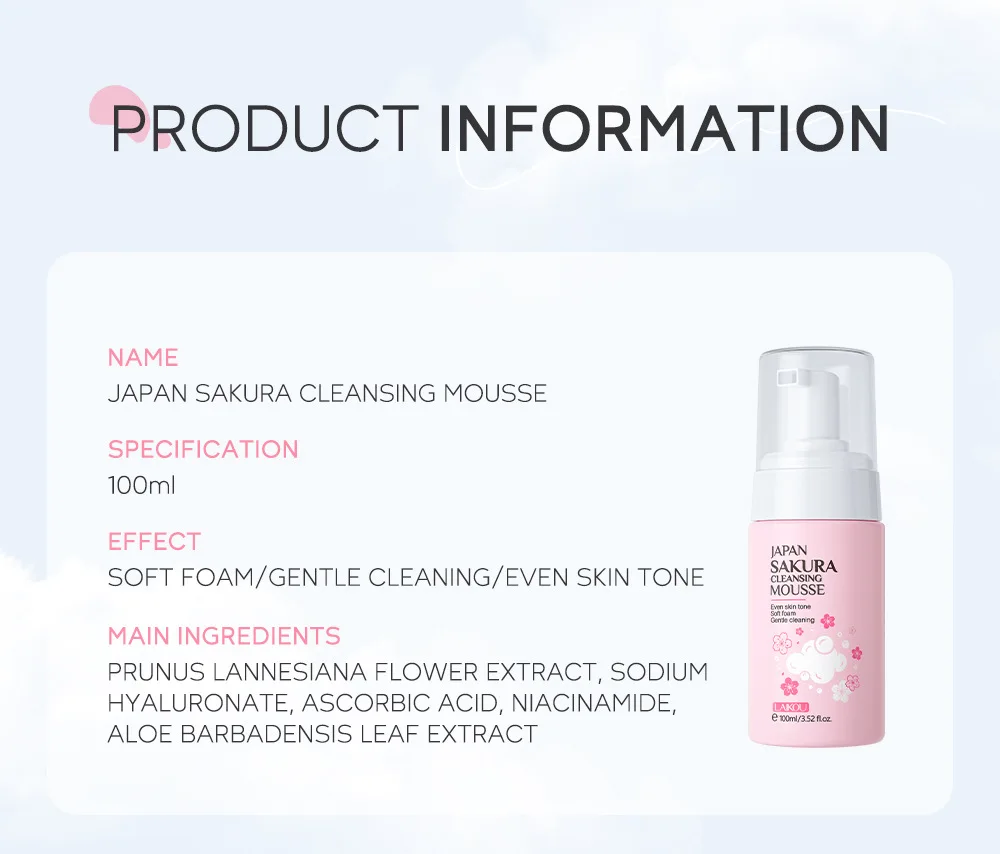 LAlKOU Japan Sakura Cleansing Mousse Facial Cleanser  Shrink Pores Deep Clean Oil Control Moisturizing Skin Care 100ml 6