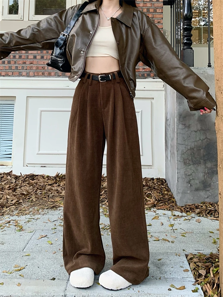 Maillard Coffee Corduroy Casual Pants For Women's Autumn And Winter New High Waist Slim Wide Leg Pants Straight Trousers