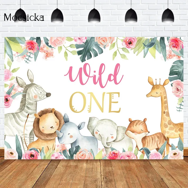 Mocsicka CUSTOM Rainforest Animals Wild One Backdrops Children Happy Birthday Party Photography Background Cake Table Banner 34