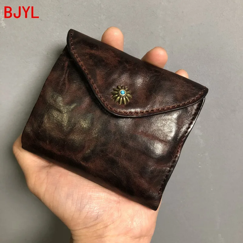 

2020 New Men Short Wallet Handmade Vintage Leather Fold Mini Coin Purse Male Card Holder Cowhide Thin Wallets Original Zipper