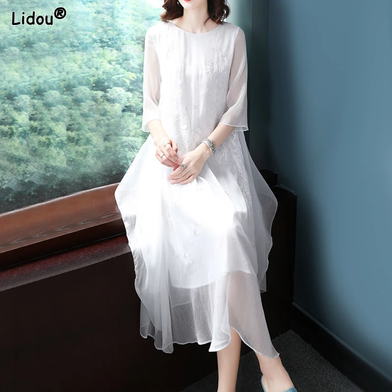 

Dignified Round Neck Gauze Lace Dresses Solid Temperament Chinese Style Short Sleeve Elegant Vintage Summer Women's Clothing