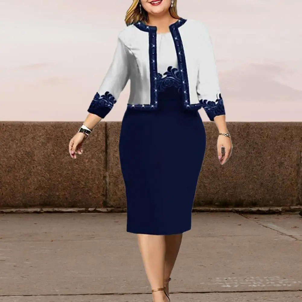 

2 Pcs/Set Women Coat Dress Set Slim Fit Lady Summer Spring Outfit Color Matching Banquet Coat Dress Set