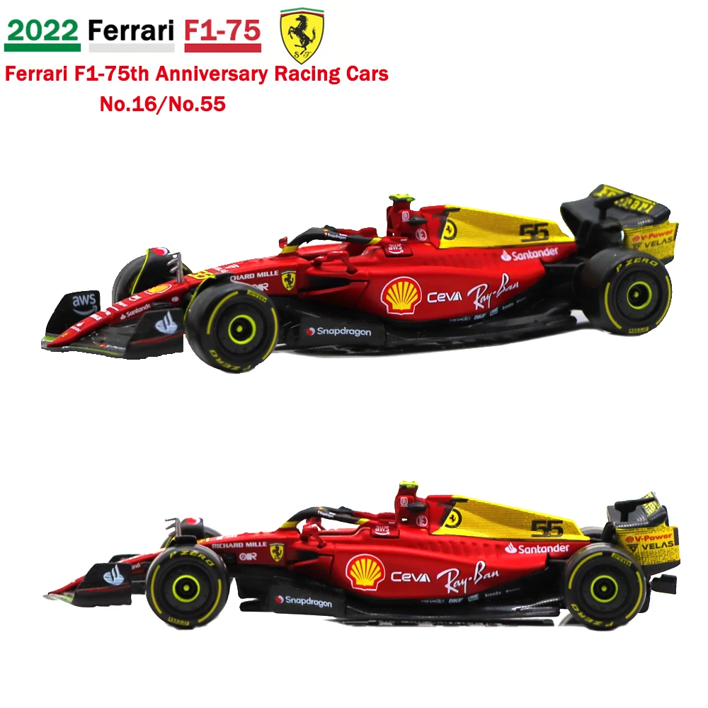 Bburago 1:43 2022 F1 Ferrari F1-75th Anniversary Racing Cars #16 Leclerc #55 Sainz Alloy Vehicle Model Toy Collection For Adults bburago 1 43 f1 2023 16 charles leclerc scuderia ferrari sf23 55 carlos sainz alloy car die cast car model toy collection gift