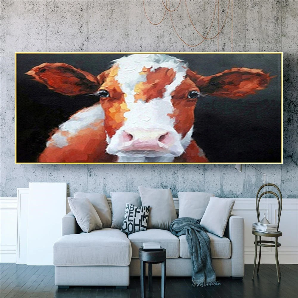 

100% Handpainted Cattle Bossy Ox Cow Oil Painting Canvas Paintings Brown Cattke Wall Art Large Size Flat Fresco For Home Room