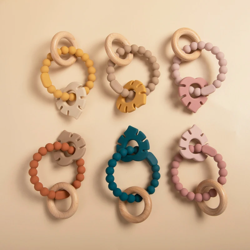 3 in 1 Baby Leaves Pendant Bracelet Teething Wood Ring Food Grade Silicone Infant Molar Care Teether Toys BPA Free Newborn Gift