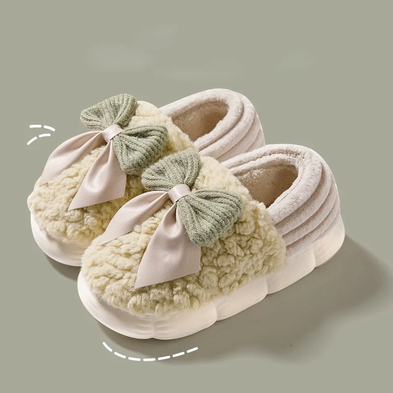 Bowknot Detor Home Cotton Slippers Women Indoor Comfortable Bag Heel Warm Plush Cotton Shoes Woman Thick Sole Living Room Shoes
