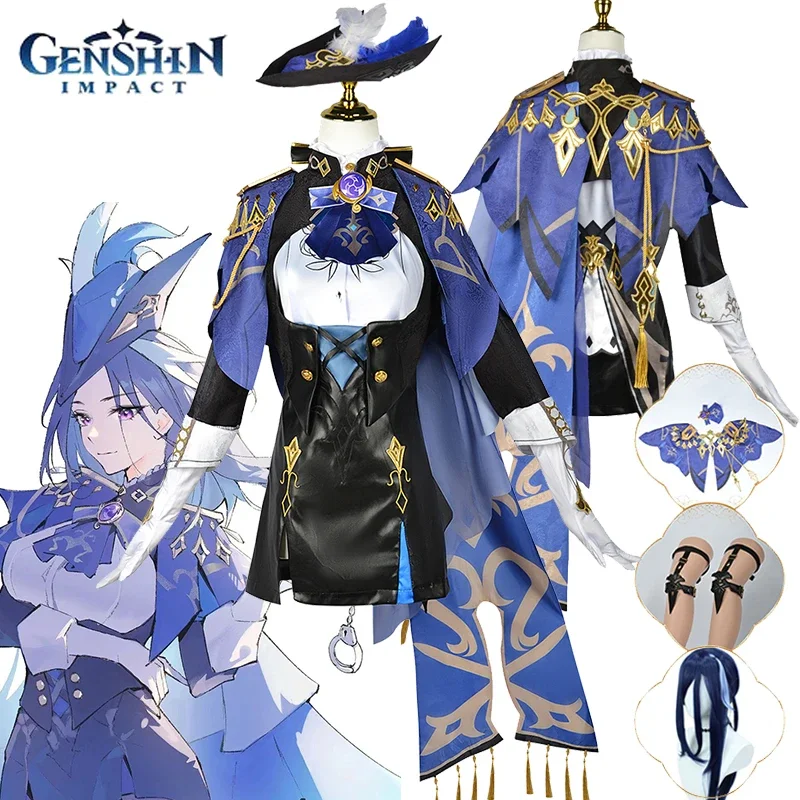 

Game Genshin Impact Clorinde Cosplay Costume Adult Masquerade Uniform Wig Anime Halloween Party Costumes for Women Girls