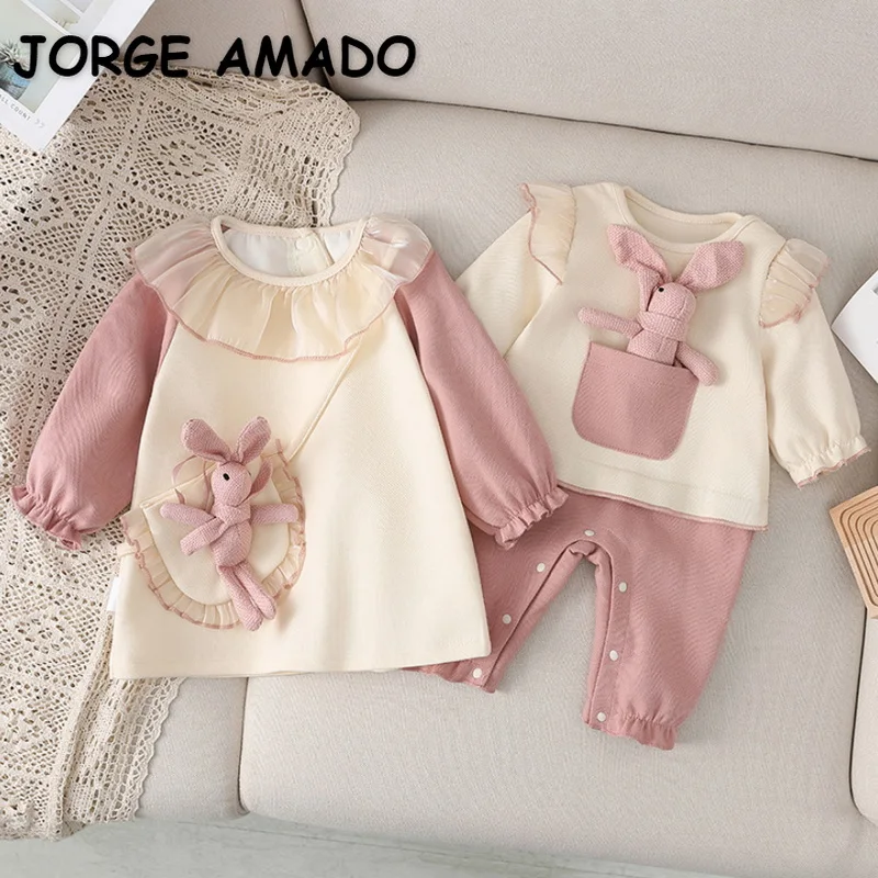 2022 Spring Family Matching Sister Clothes Long Sleeves Pink Rabbit Romper+Princess Baby Dress Twins Cute Outfits E9152 |
