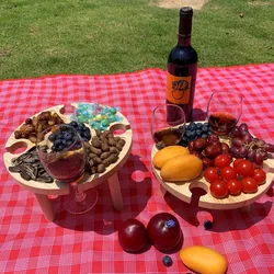 Table de pique nique pliante en bois 2 en 1, support pour verres à vin, facile à transporter, pour l'extérieur 