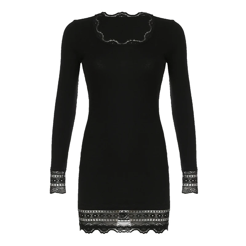 Gothic Dress y2k Women Clothes Lace Trim Round Neck Long Sleeve Ribbed Bodycon Dress Grunge Party Dresses Streetwear