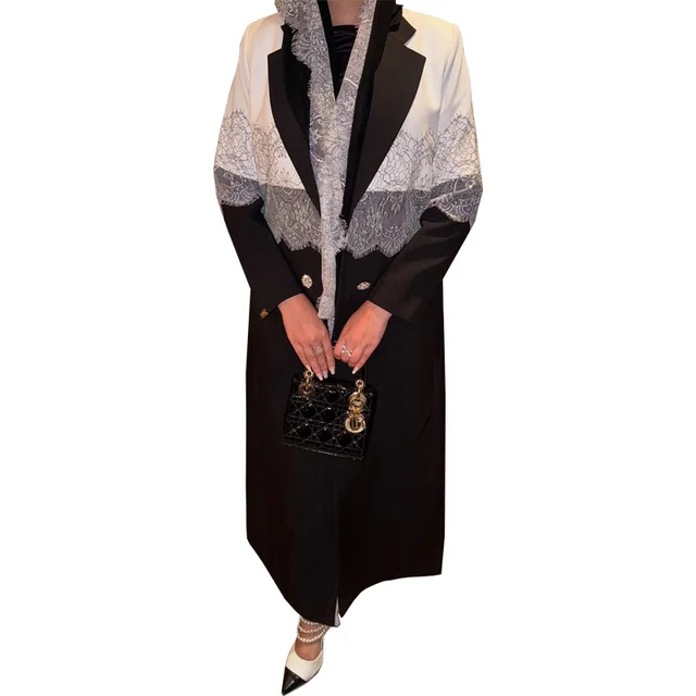 Modest Lace Trim Abaya Middle East Open Front Abaya Headscarf Lapel Abaya Long Sleeve Kaftan Robe Muslim Dress For Women 5