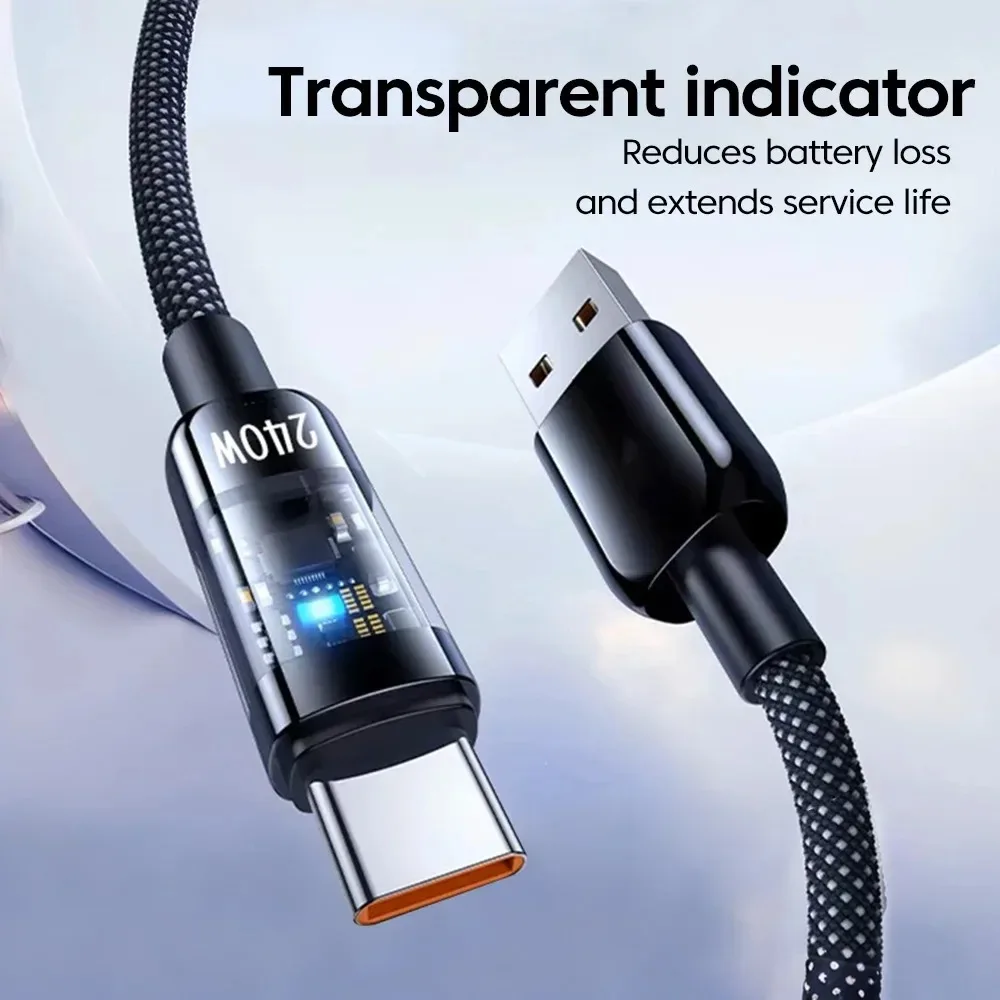 240W USB C Quick Charging Cable Nylon Braided Transparent USB Type C High-speed Charger Wire for Samsung Huawei Xiaomi Data Line