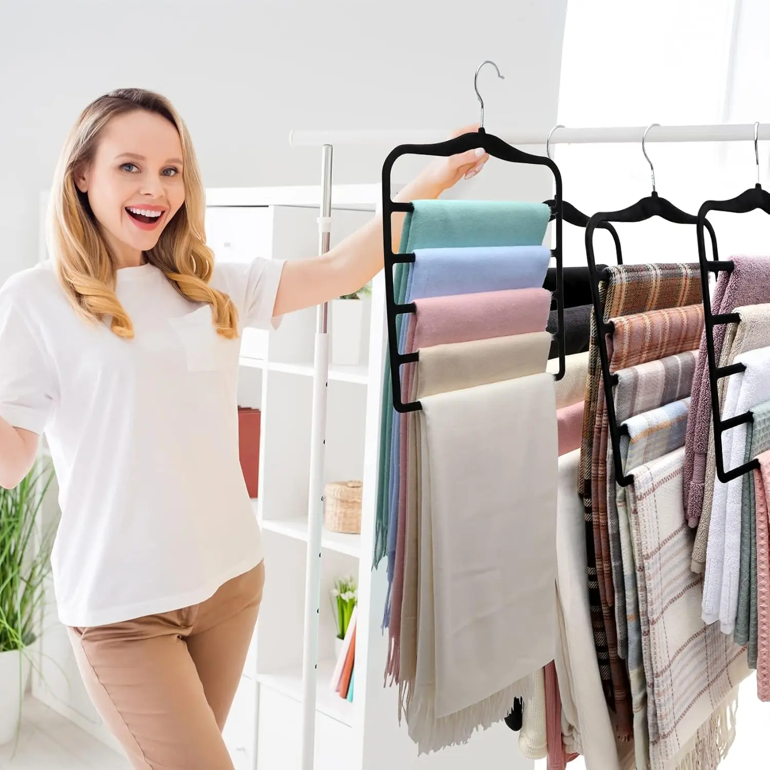 Closet Organizers and Storage,3 Pack Velvet Pants-Hangers-Space-Saving,Non Silp 5 Tier Scarf Jeans Organizer 2