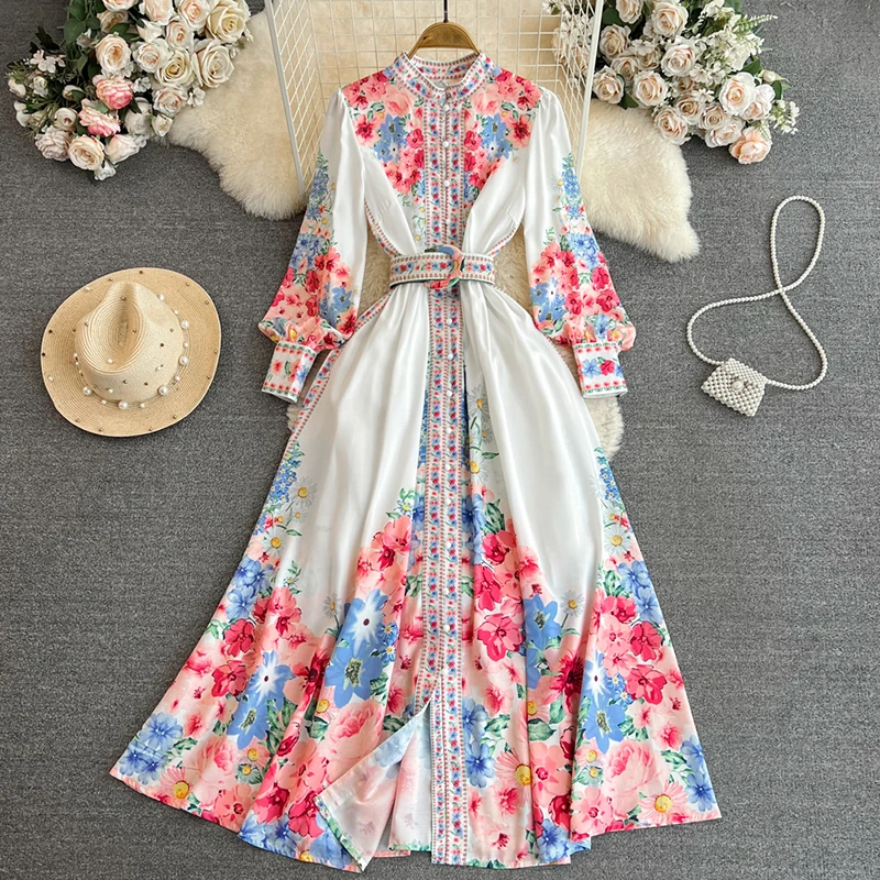 

Vintage Court Style Lady Temperament Bubble Sleeve Stand Collar Waist Single-Breasted Positioning Print Dress Elegant Long Skirt