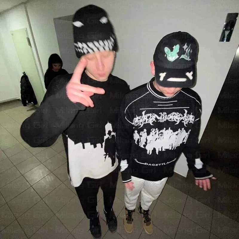 

Hip Hop Streetwear Knitted Sweater Men Women Gothic Hassett Pattern Oversized Sweater Pullover Winter Harajuku Cotton sweater