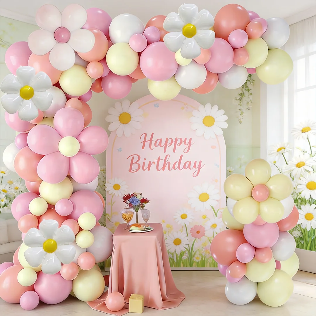 120-teiliges Rosa Gänseblümchen-Ballonbogen-Set, Gänseblümchen-Folienballons Kombiniert mit Macaron-Rosa, Gelb und Orange Ballon-Kombinationen, Ideale Wahl für Frühlings-Geburtstagsfeiern, Babypartys, Hochzeiten im Fre – Detail 1