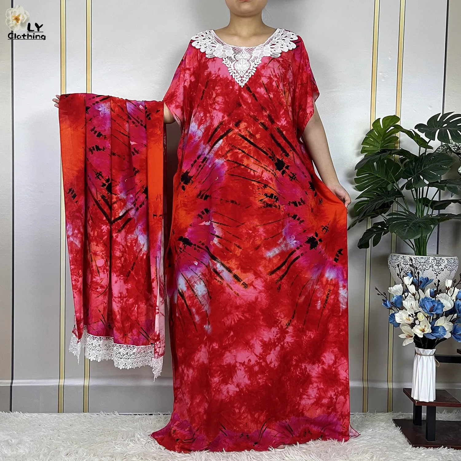 2023 Hot Selling New Abaya Short Sleeve Dress With Big Scarf African Muslim Kaftan Printed Cotton Loose Women Maxi Clothing