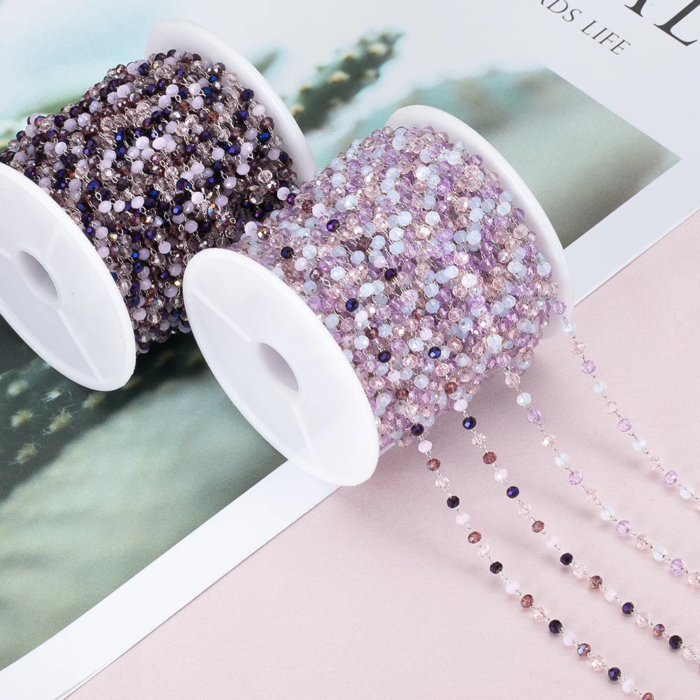 Purple Crystal Stone Beads Stainless Steel Chain for DIY Jewelry Making, 1 Meter