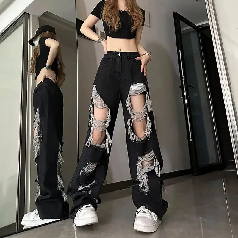 Nouveau Y2k avant-arrière trou cassé jean tout-Match en détresse femmes haute rue Hip Hop taille haute droite pantalon ample