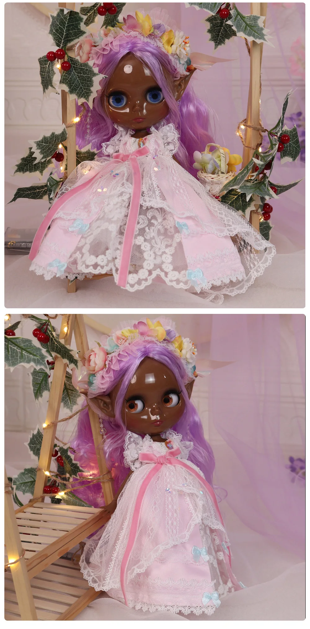 Neo Blythe Doll Fairy Floral Frock with Headband, Ears & Basket 3