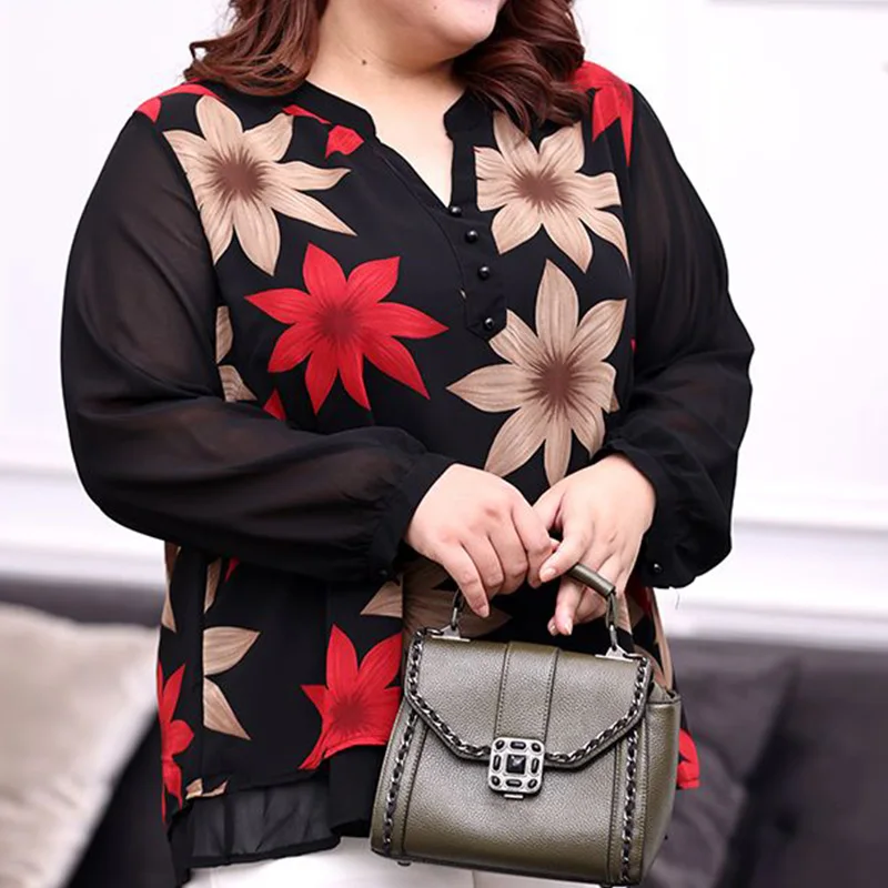 Fresh and Sweet Patchwork Pullover Chiffon T-Shirt Spring Autumn O-Neck Floral Print Long Sleeve Loose Midi Tops Plus Size Women