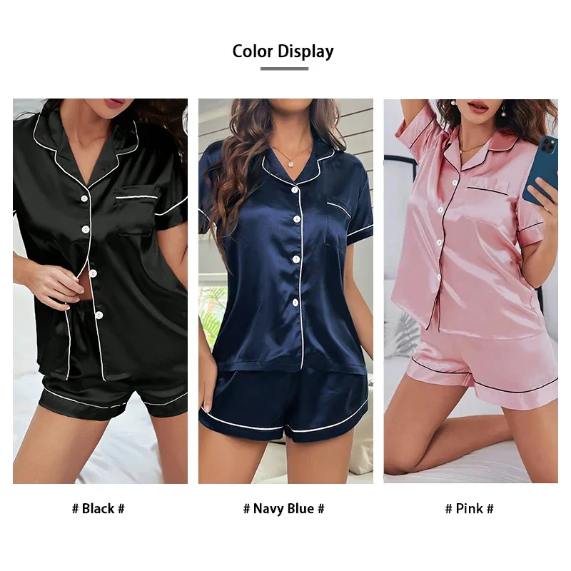 Women Pajamas Set Silk Satin Sleepwear Button Down Top & Shorts 2 Pieces Nightwear Loungewear