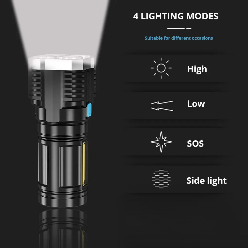 LED Flashlight High Power Camping Torch 4 Lamp Home Torch Lantern USB Rechargeable