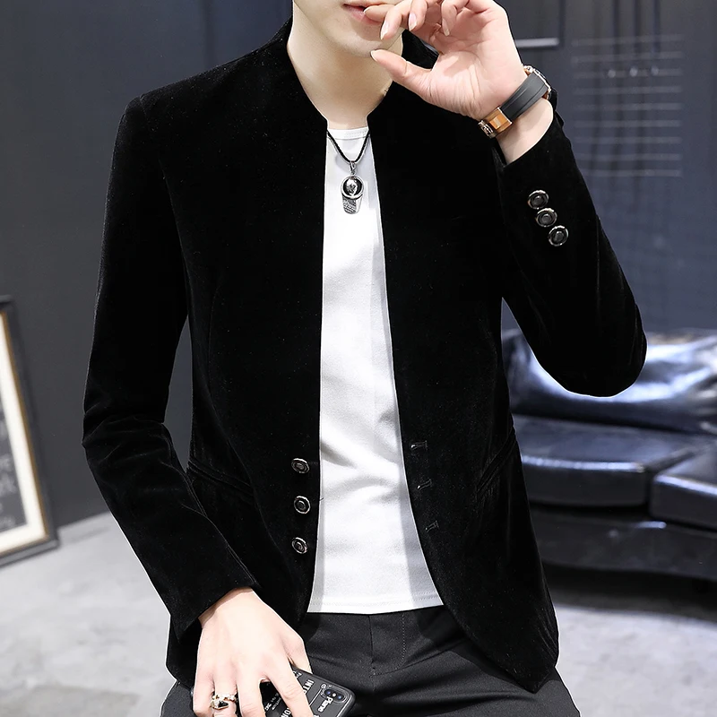 New boutique fashion handsome trend canary velvet small yuan collar suit Korean version slim handsome coat Yuan collar shirt 3