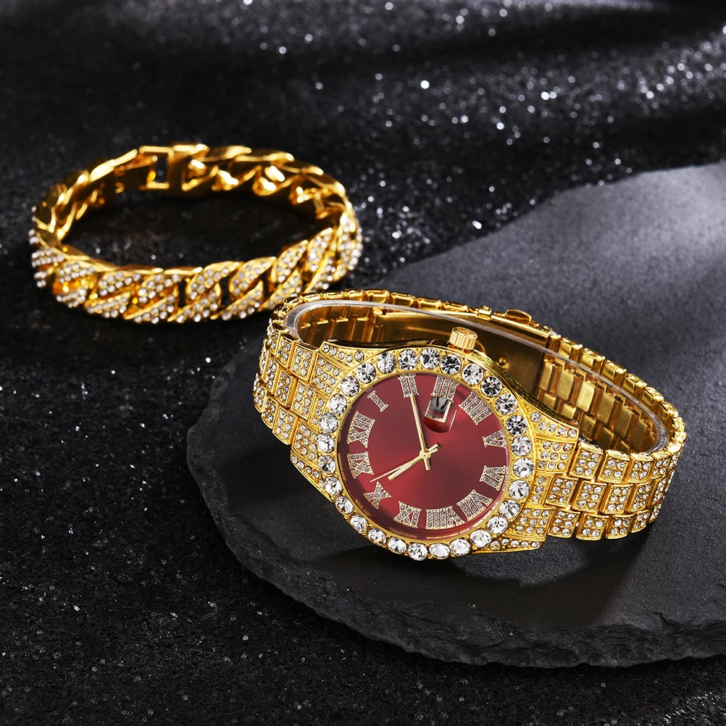 Vyriško hiphopo laikrodžio apyrankė, nerūdijančio plieno, aukso spalvos, su dokumentais, kalendoriumi, ledu, sausainių pagalvėle, 2 vnt._voghion.com