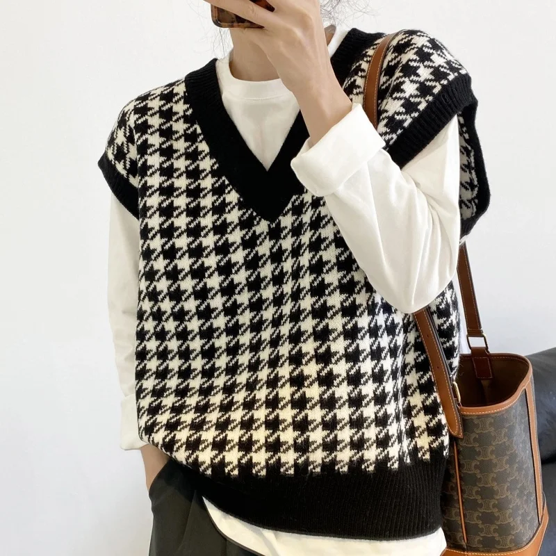 Women Plaid Knitted Vest Sweater Pullover
