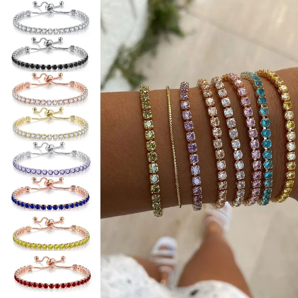 Verstellbare bunte Geburtsstein-Tennisarmbänder für Frauen, 4 mm Kristall-Armreif, weibliche Handkette, trendiges Schmuckzubehör H133