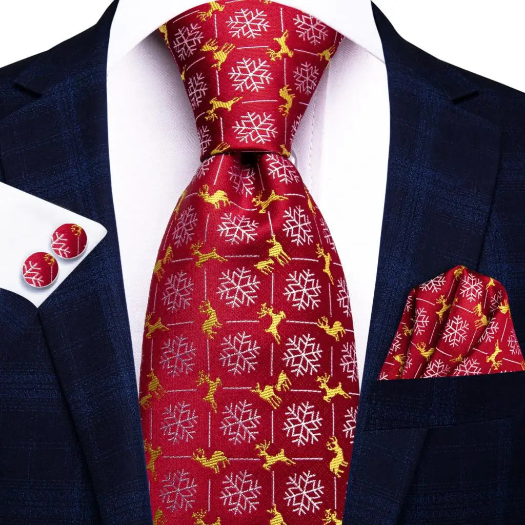 

Hi-Tie Designer Xmas Red White Snow Necktie Silk Elegent Tie For Men Fashion Brand Christmas Party Handky Cufflink Wholesale