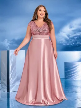 فستان سهرة أنيق مقاس كبير برقبة على شكل حرف V ترتر أخضر طويل فاخر للنساء من الساتان بأكمام قصيرة للحفلات الراقصة وحفلات الكوكتيل 6