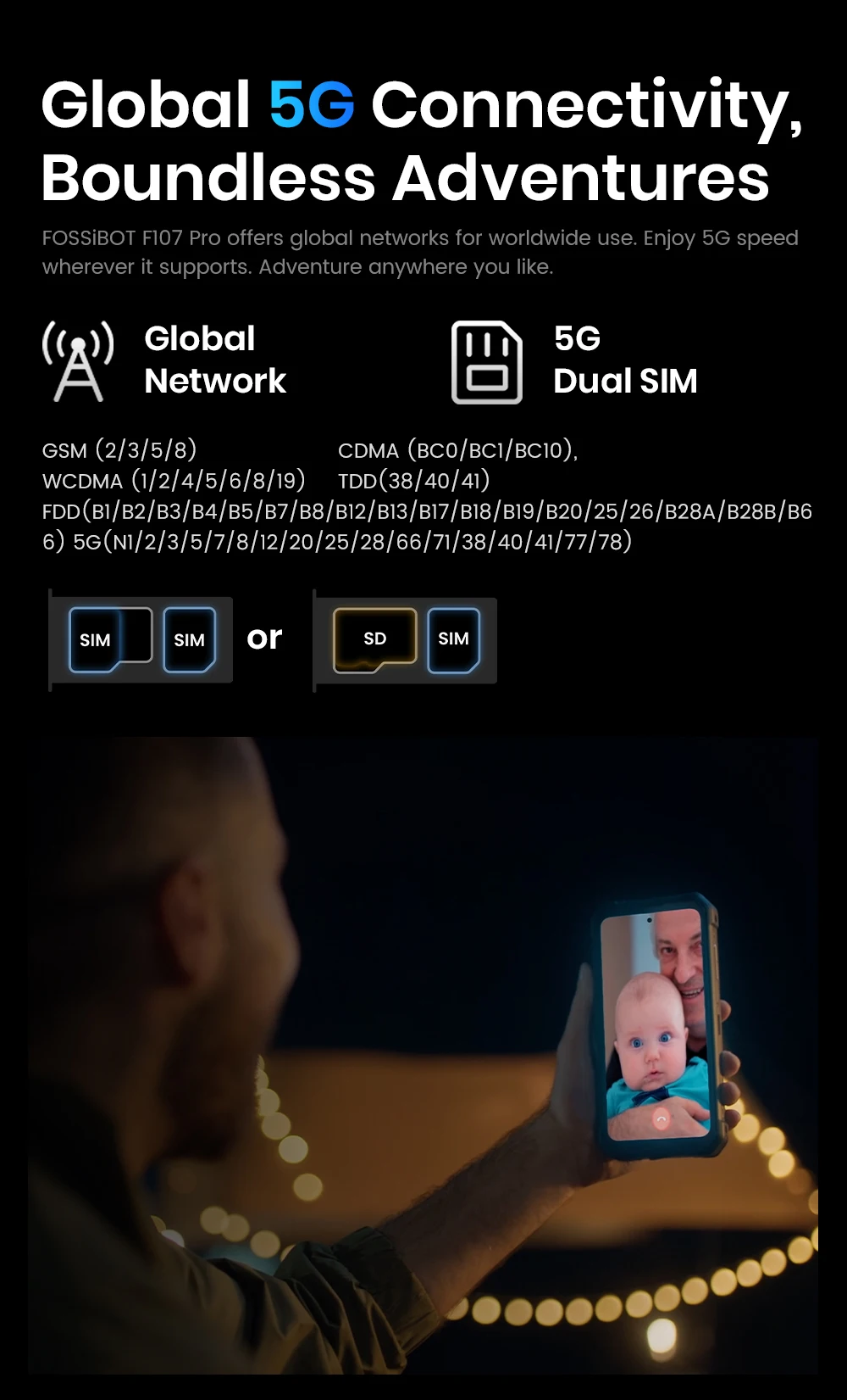 Fossibot F107 Pro 5G Robustes Mobiltelefon 30 GB (12 + 18) + 512 GB Android 15 28000 mAh 66 W 200 MP + 32 MP NFC/GPS Dual-helle Taschenlampen – Detail 19