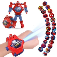 Disney Spiderman 24 Projection Patterns Children Watches for Boy Deformation Robot Projection Electronic Clock Kids Christmas 1