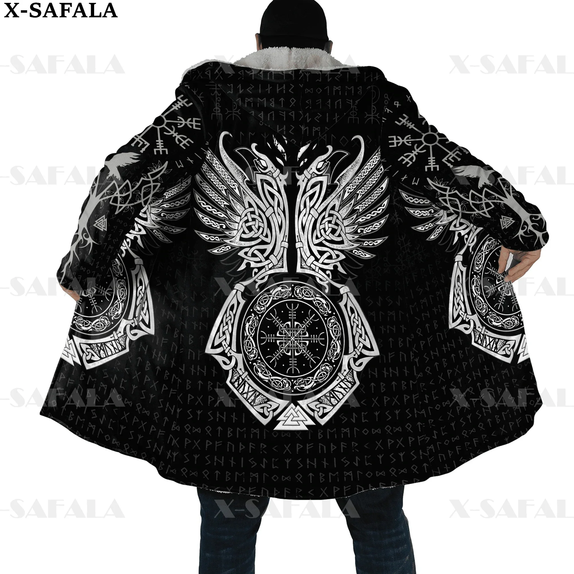 Viking Odin Tattoo Vegvisir Rune Raven Thick Warm Hooded Cloak Men Overcoat Coat Windproof Fleece Cape Robe Hooded Blanket-3
