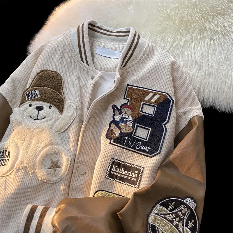 Bear Flocking Embroidery Jacket Women Japanese Vintage Spring and Autumn Trend Corduroy Baseball Uniform Casual Oversized Jacket