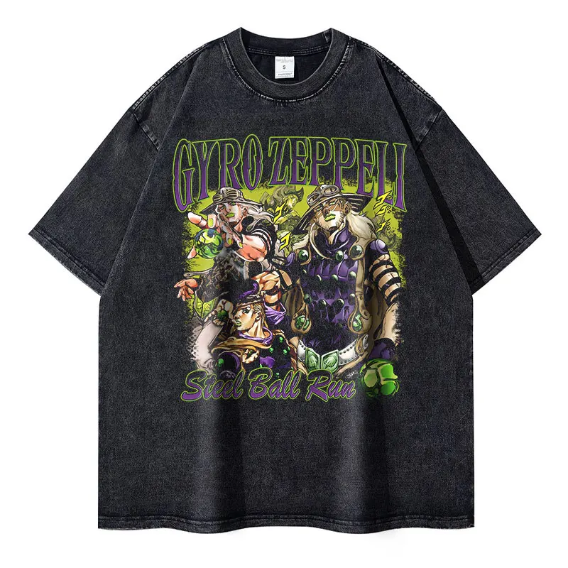 Vintage Washed JoJo's Steel Ball Run Streetwear T-Shirt - Anime Manga Gyro Zeppeli Design in Cotton
