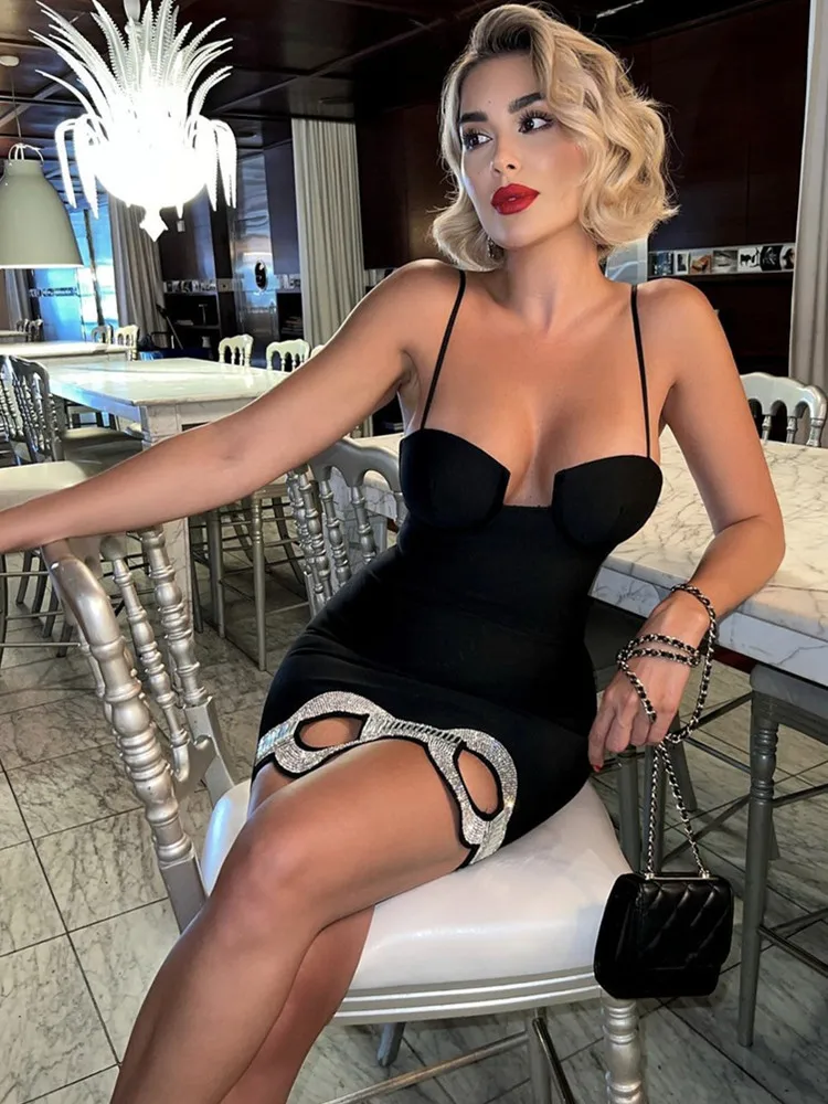 Women Celebrity Sexy Backless Halter Black Crystals Bandage Dress Knitted Elegant Evening Club Party Luxury Birthday Dress