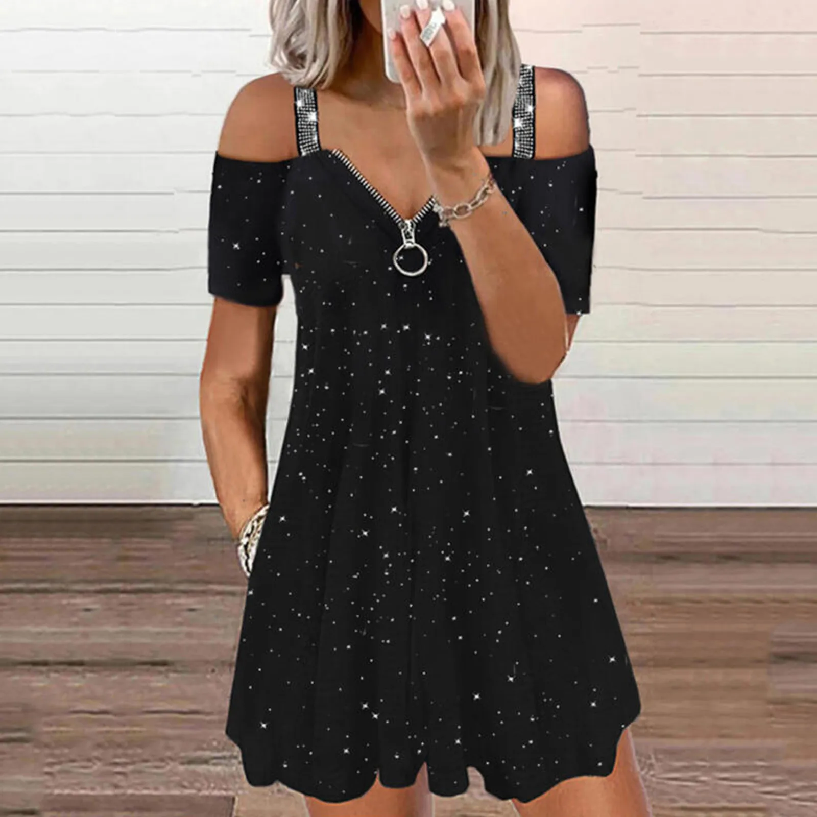 

Women's Clothing Zipper Chain Dress Casual V-Neck Short Sleeve Strap Open Back Sexy Mini Dress Summer Solid Elegant Dresses robe