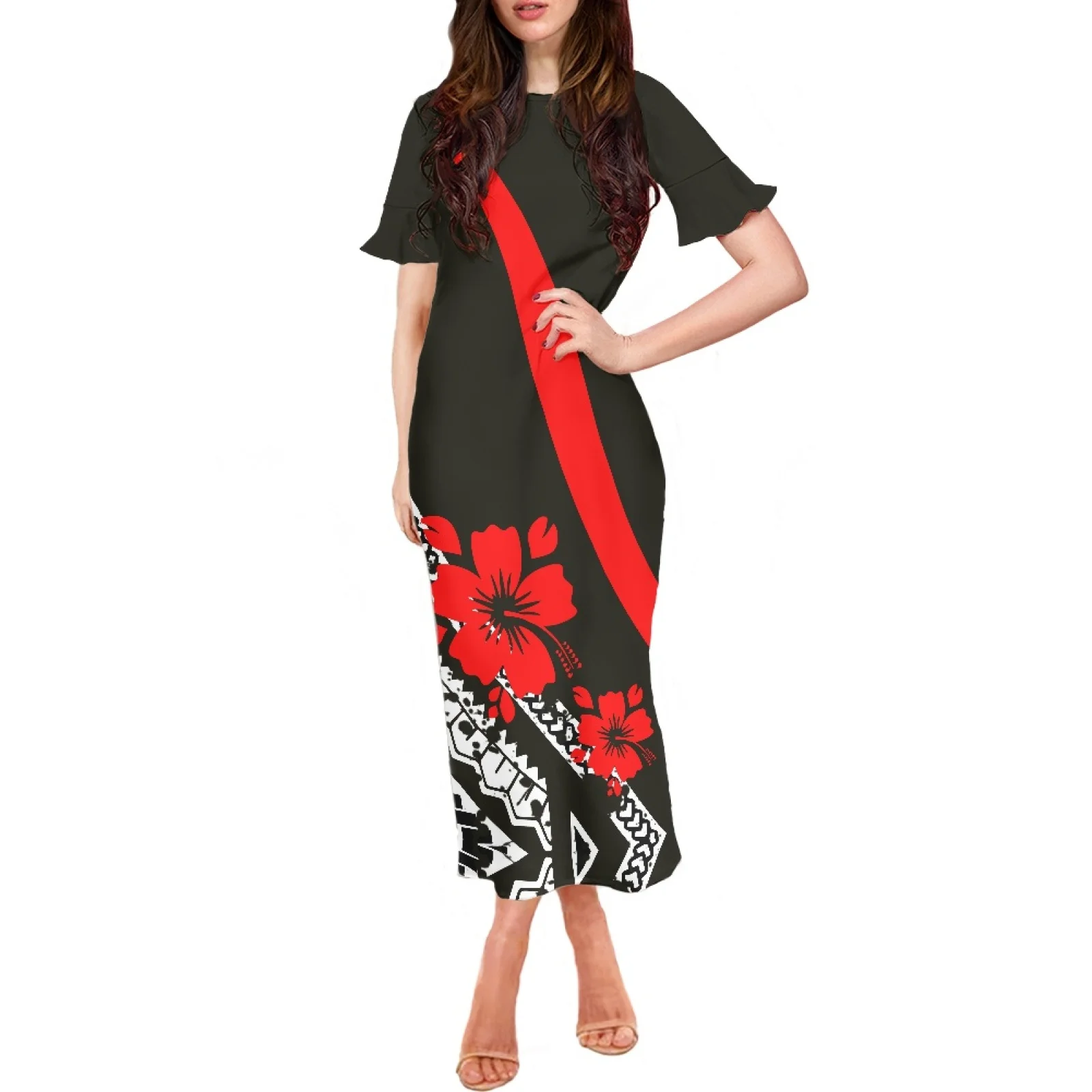 

Summer Polynesia Tribal Hibiscus Print Clothing Chic And Elegant Woman Dress Short Ruffle Sleeve O-Neck Fashion Long Dress