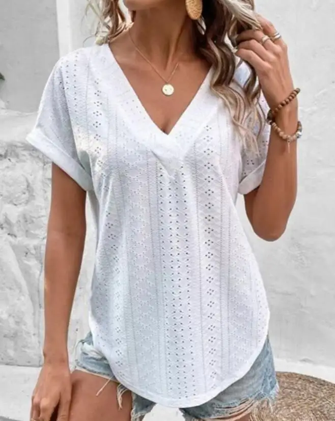 Top Tee Women Fashion 2023 Casual Summer Eyelet Embroidery Short Sleeve Casual T-Shirt Clothing Female T-Shirts Pullover Tops striped pocket t shirt long sleeve top 2021 spring autumn women tee shirts casual o neck t shirt female loose tops patchwork tee