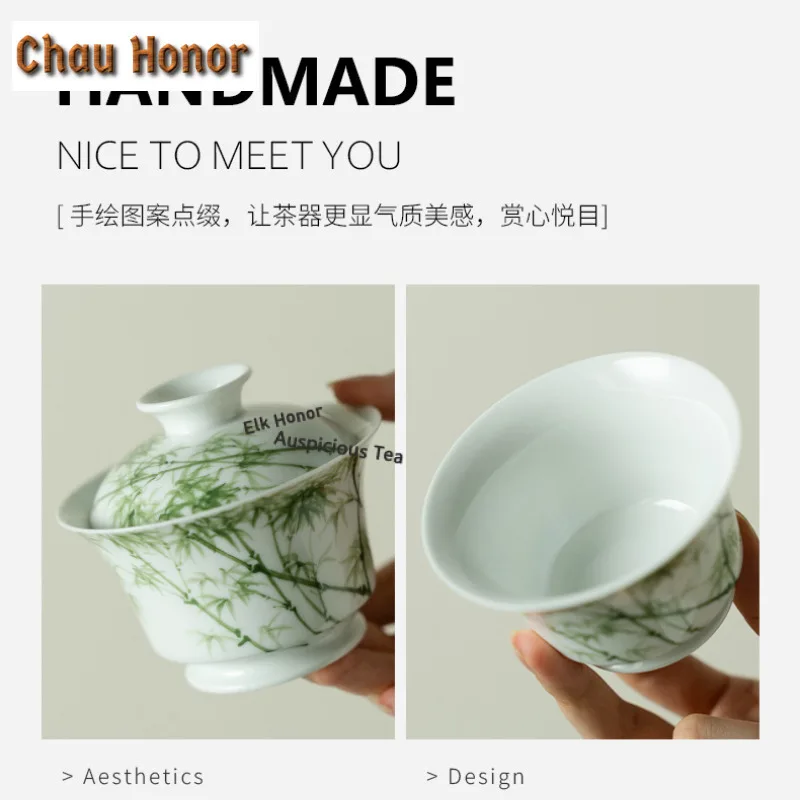 130ml Hand-painted Bamboo Trees Gaiwan Handmade Tea Tureen Tea Bowl With Lid Kit Tea Maker Cover Bowl Tea Ceremony Ornaments