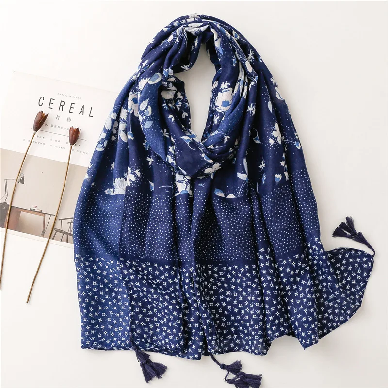 Hot Spain Luxury Brand Navy Blue Floral Tassel Viscose Shawl Scarf Lady Print Muffler Hijab Sjaal Foulards Muslim Snood 180*90Cm