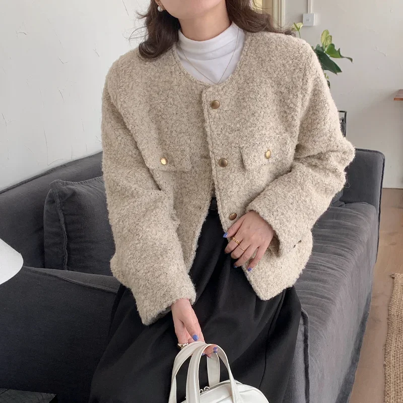 Wool Blended Soft Fragrance Short Woolen Jacket Women's Autumn Winter Slim Basic Simple Casual Small Fragrant Khaki Women's Coat