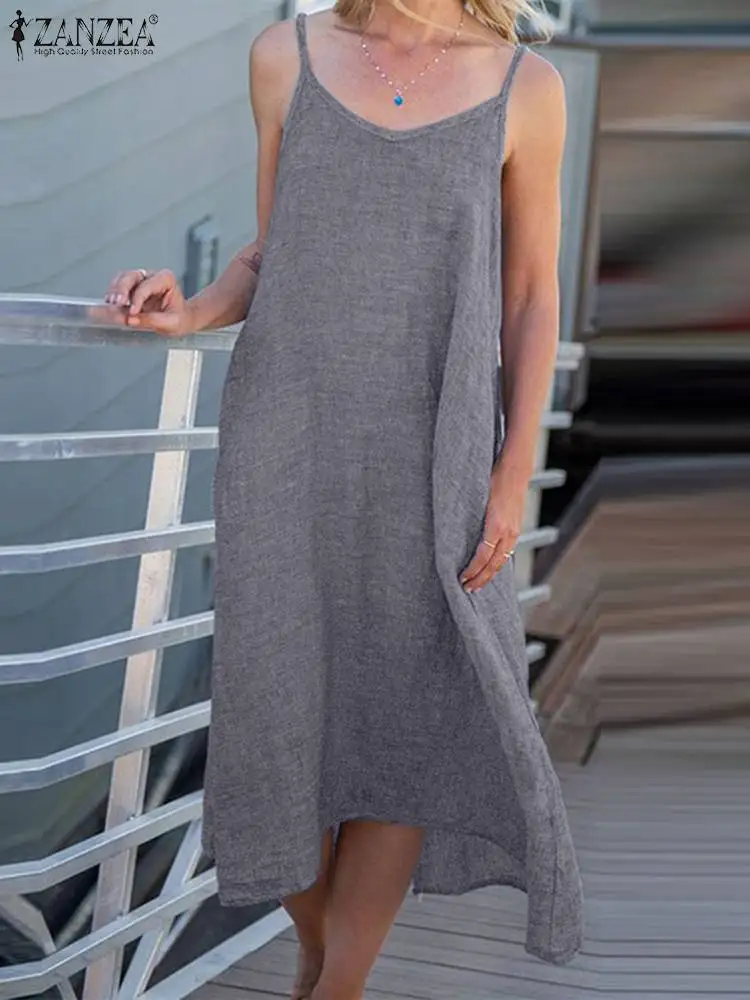 

ZANZEA Summer Spaghetti Strap Dress Women Holiday Robe Vintage Solid Loose Vestido Causal A Line Beach Sundress Fashion Dresses