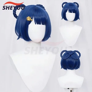 Game Impact Xiangling Cosplay Wig Blue Short 8 Shaped Braids Heat Resistant Synthetic Hair Game Wigs + Wig Cap + Hairpins