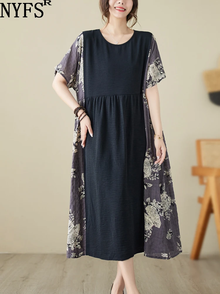 

NYFS 2023 Summer New Vintage Woman Dress Vestidos Robe Elbise Loose Plus Size color Splicing Short Sleeve Long Dresses